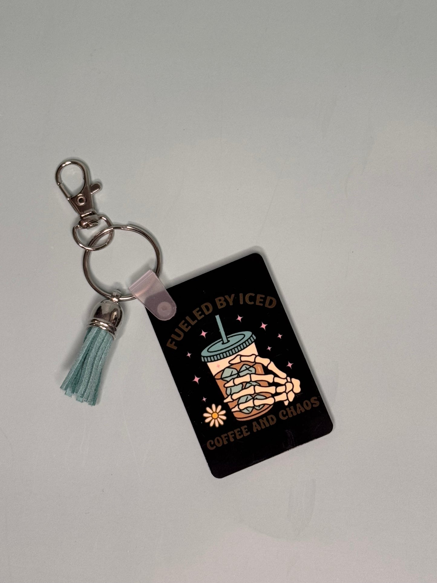 "Filled by iced Coffee and Chaos" Rectangle Keychain with Tassel