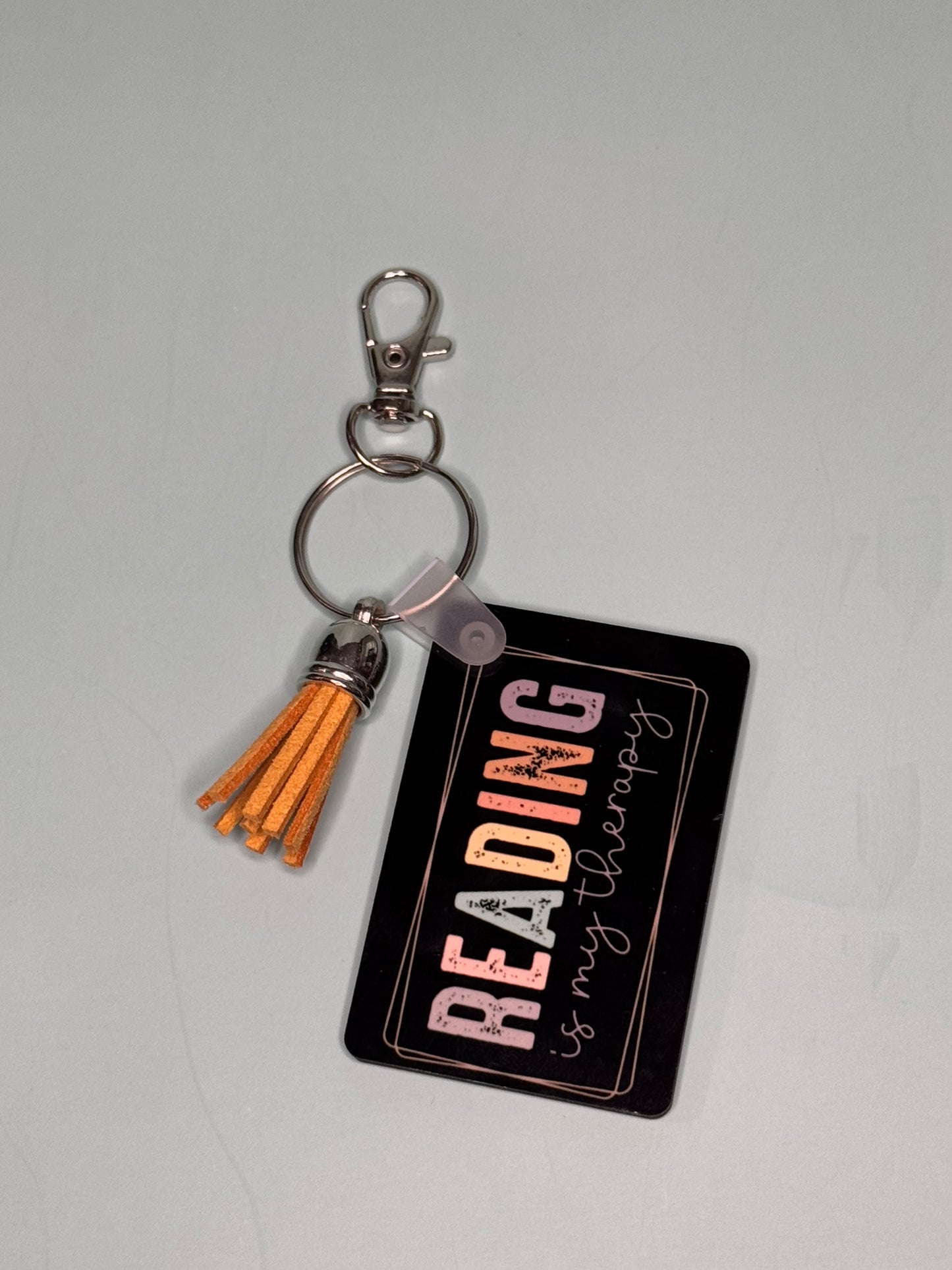 "Reading is my Therapy" Rectangle Keychain with Tassel