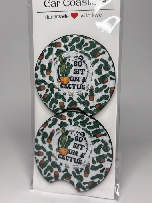 "Go Sit On A Cactus" Car Coaster Set