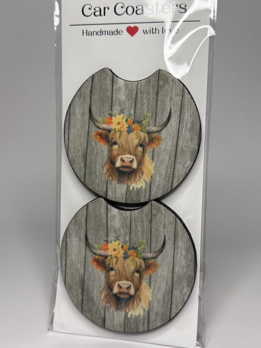 Rustic Highland Cow Car Coaster Set