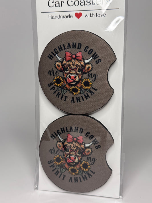 "Highland Cow Is My Spirit Animal" Car Coaster Set