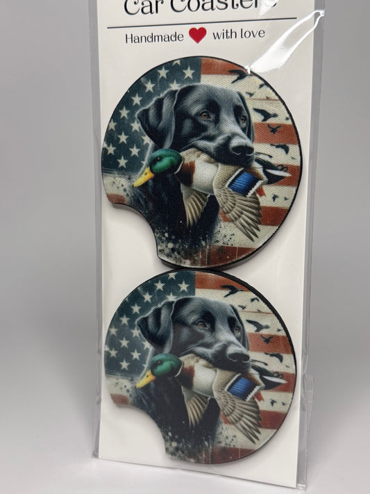 America Flag Black Lab Car Coaster Set
