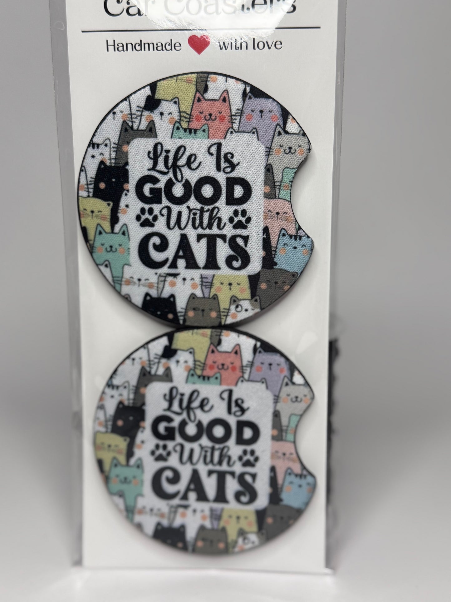 "Life Is Good With Cats" Car Coaster Set