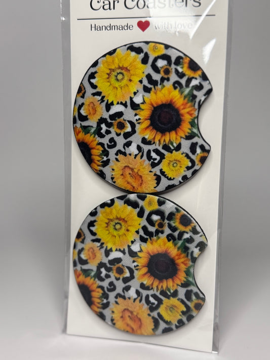 Cheetah Print Sunflowers Car Coaster Set