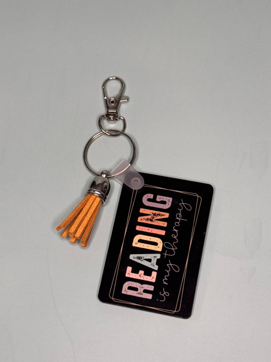"Reading is my Therapy" Rectangle Keychain with Tassel