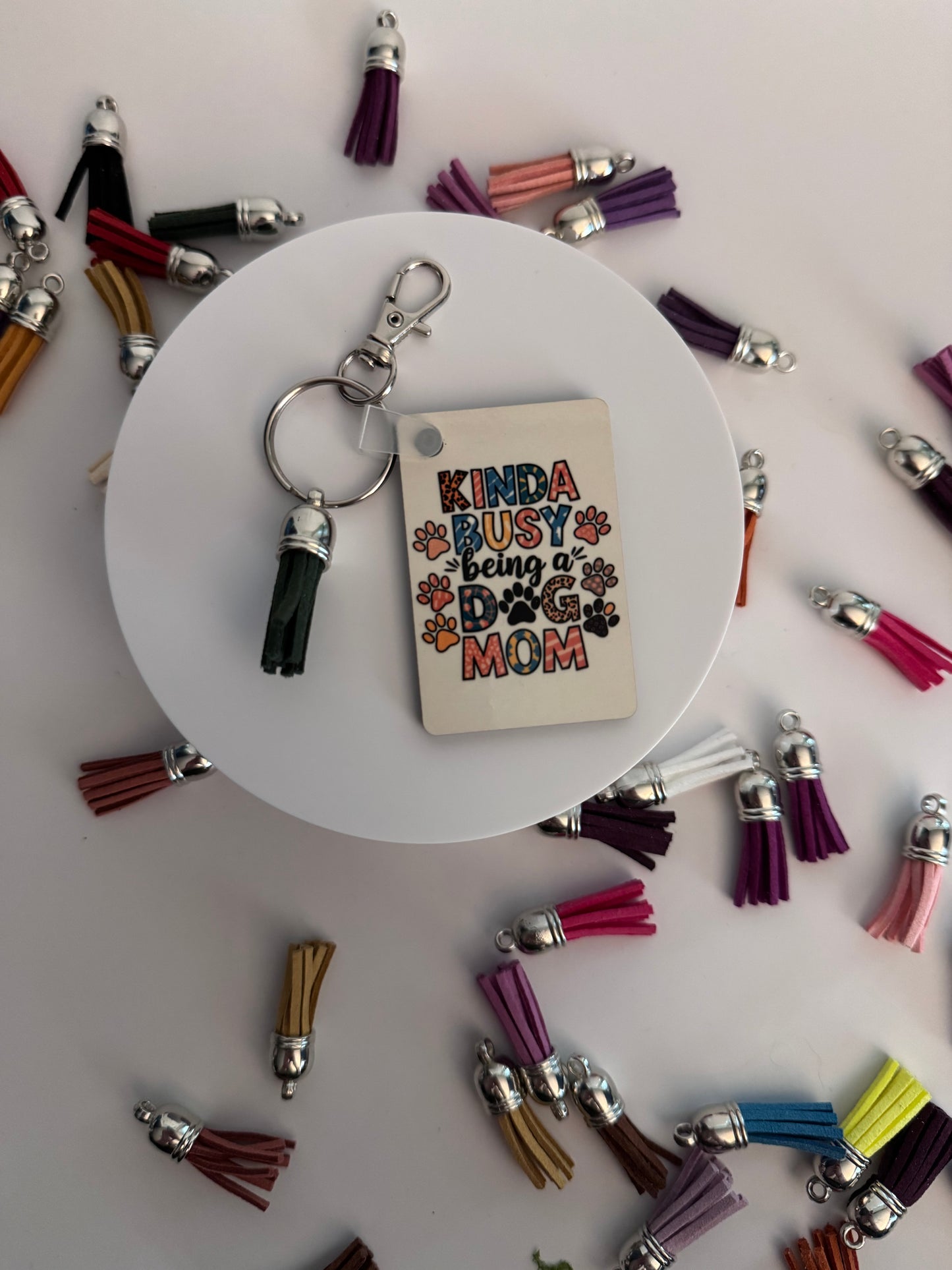 “Kinda Busy Being A Dog Mom” Keychain (rectangle) WITH Tassel
